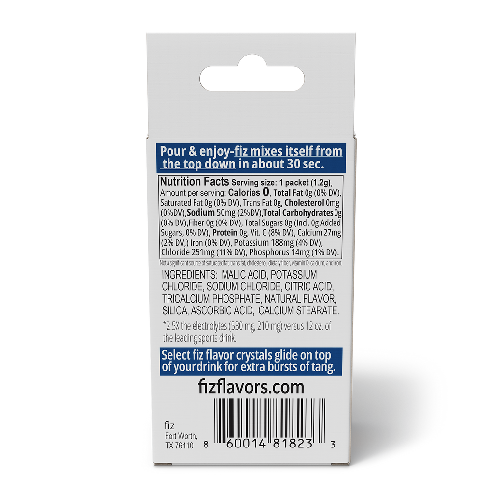 Fiz drink mix package with nutrition facts and ingredients on a white background