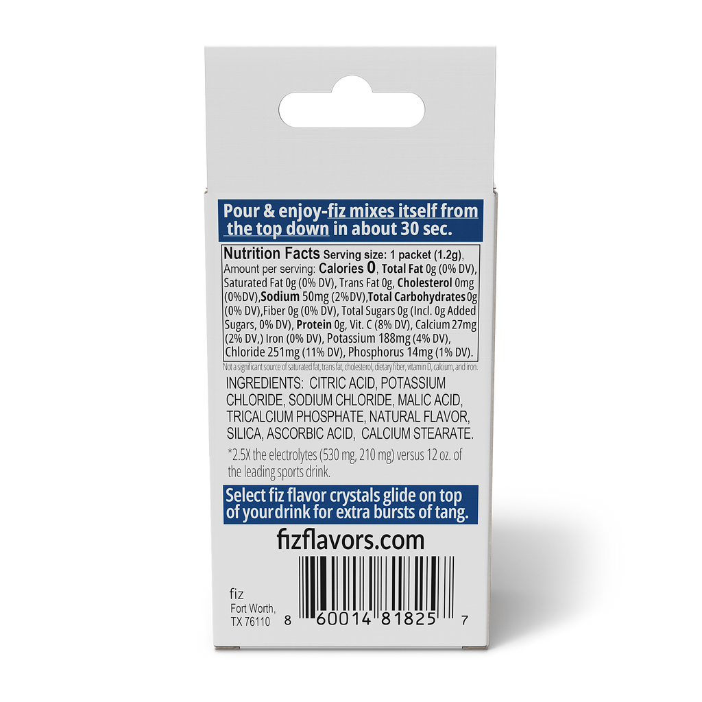 Fiz drink mix package with nutrition facts and ingredients on a white background