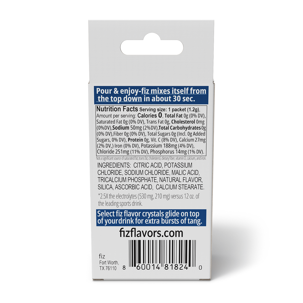 Fiz drink mix package with nutrition facts and ingredients on a white background