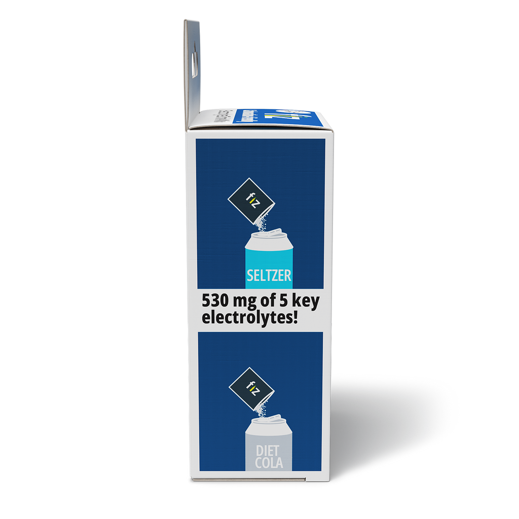 fiz packaging with blue seltzer and diet cola design on a white background