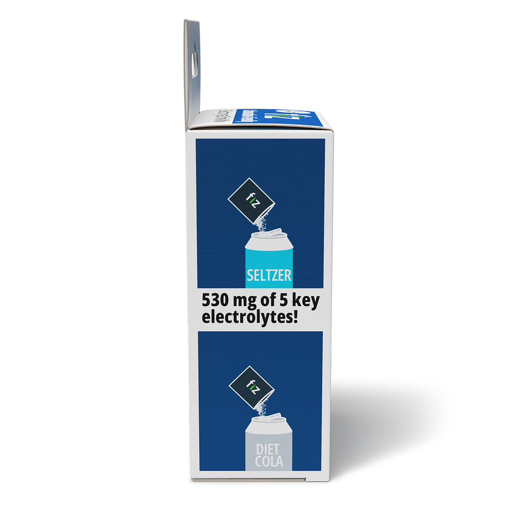 Fiz product packaging with blue seltzer and diet cola design on a white background
