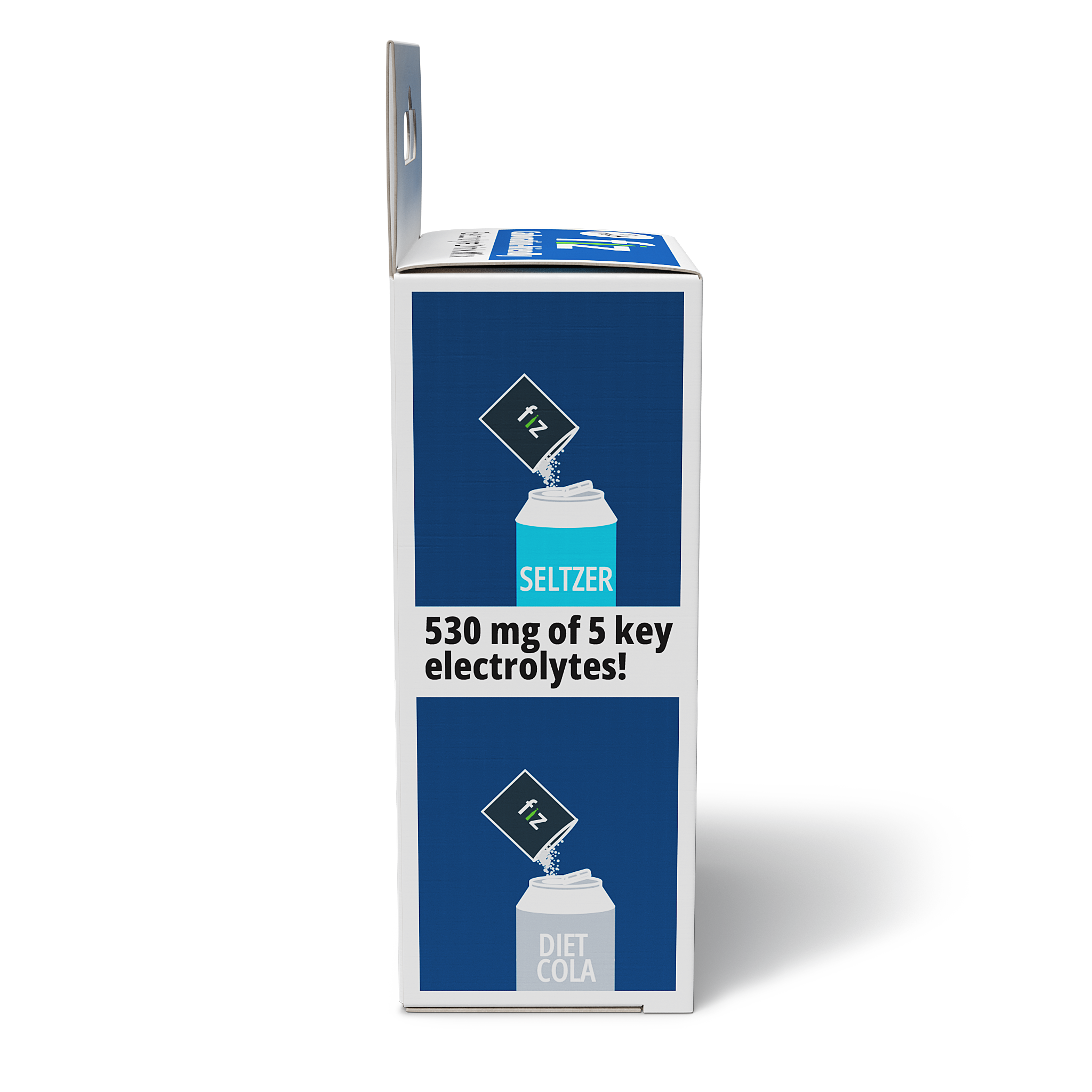 Fiz product packaging with blue seltzer and diet cola design on a white background