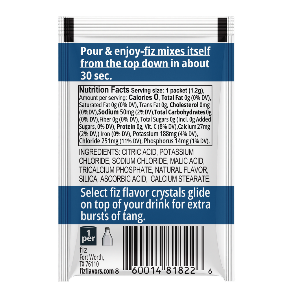 Fiz Lemon-Lime drink mix packet with nutritional information and ingredients on a white background