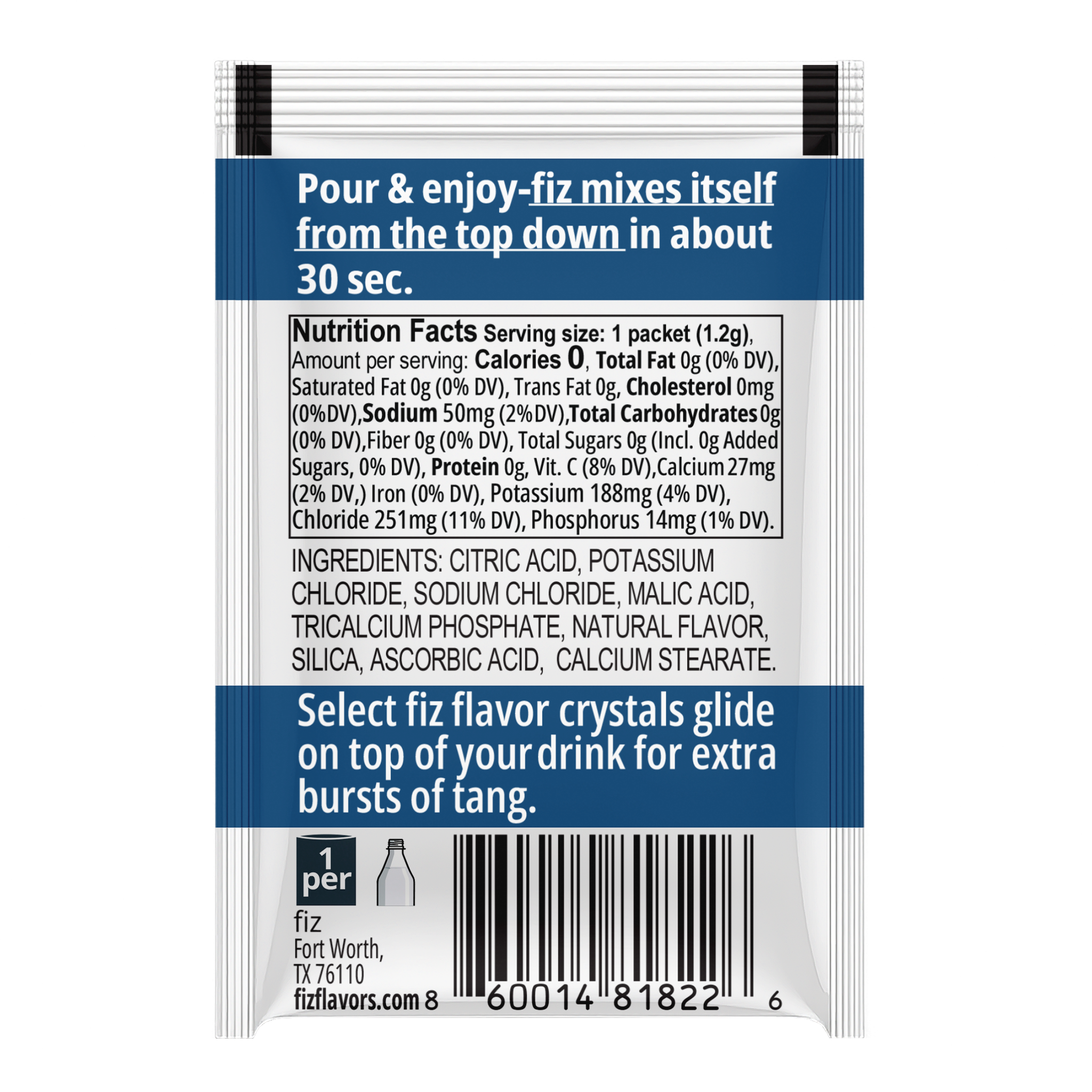 Fiz Lemon-Lime drink mix packet with nutritional information and ingredients on a white background