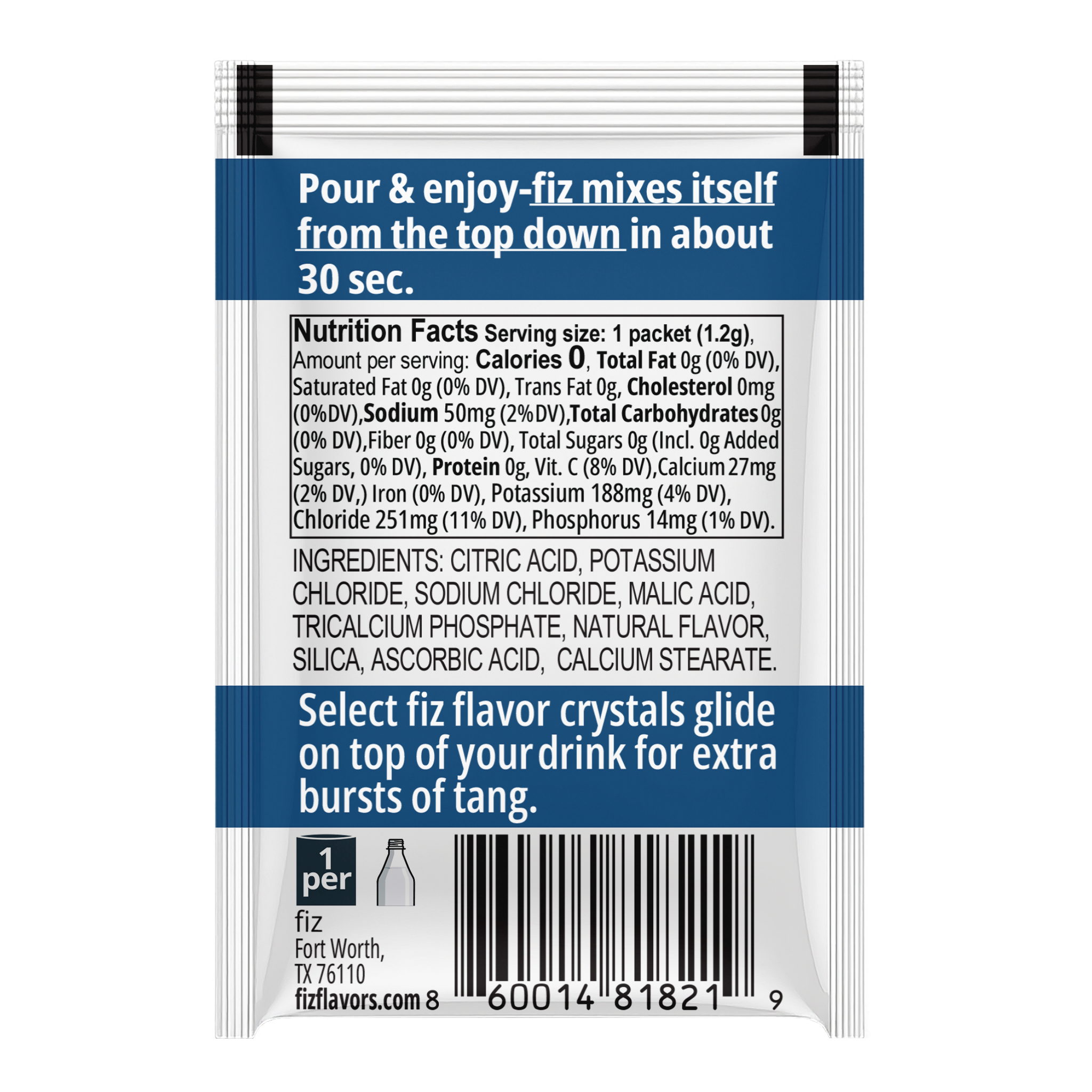 Fiz Lime drink mix packet with nutritional information and ingredients on a white background