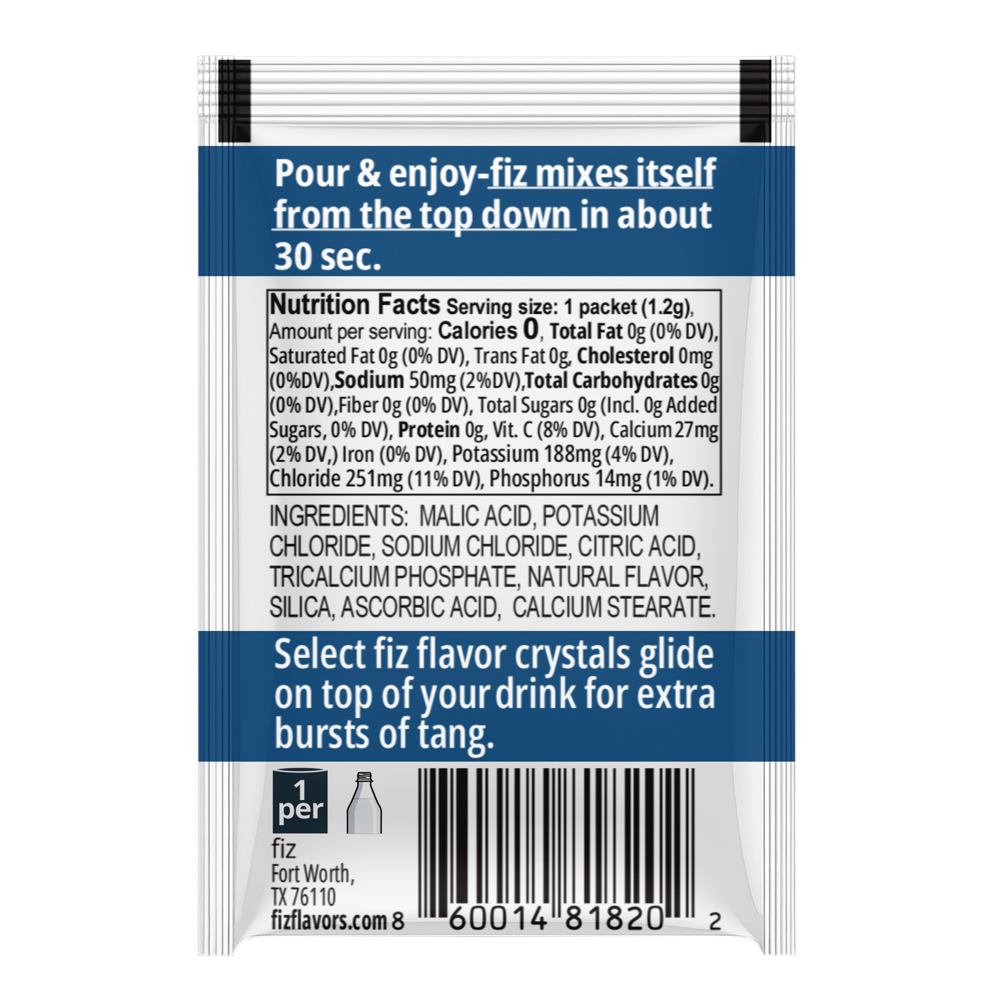 Fiz Original drink mix packet with nutritional information and ingredients on a white background