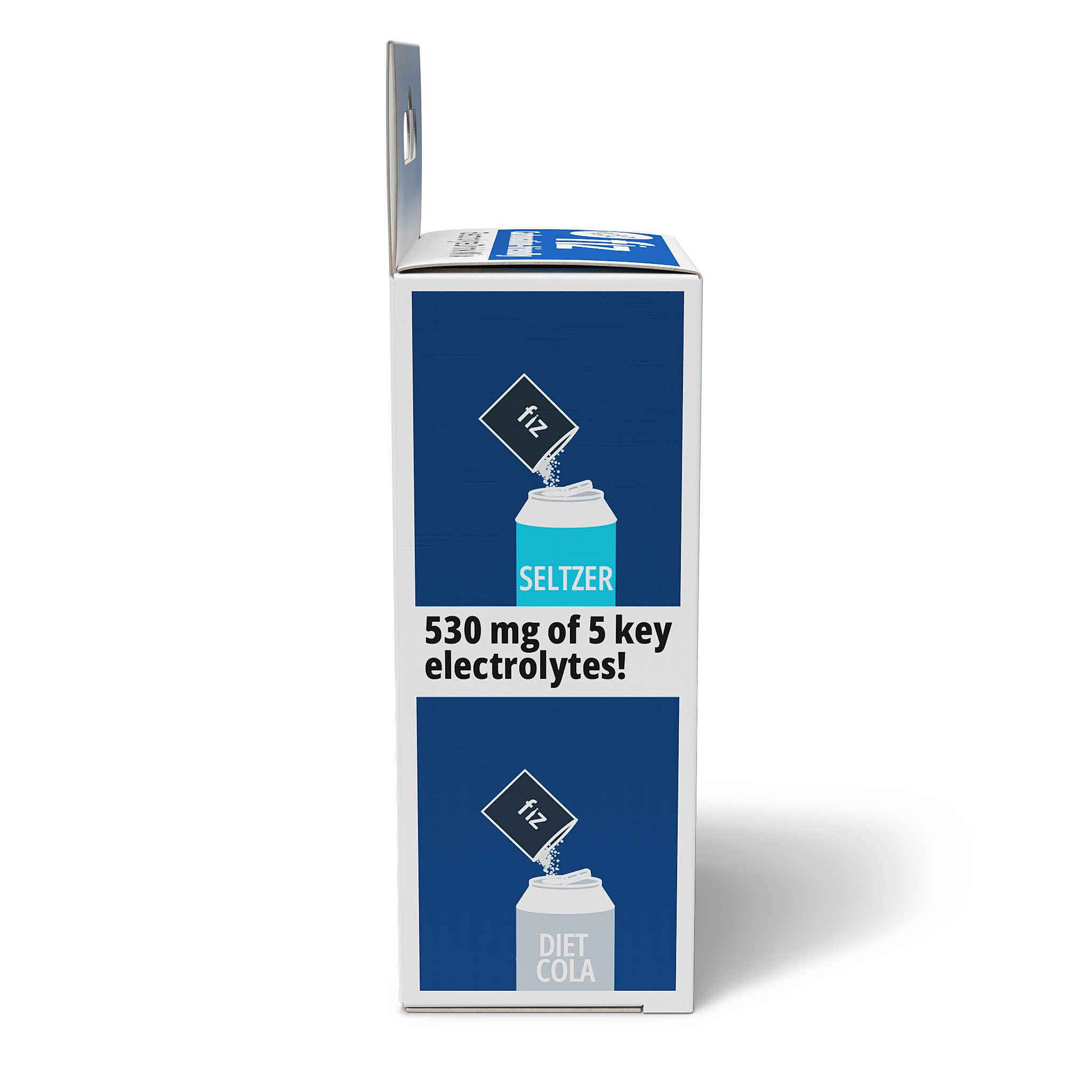 Box of fiz Seltzer and Diet Cola with blue and white design on a white background